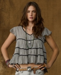 Denim & Supply Ralph Lauren's breezy blouse embodies a down-to-earth sweetness with its tiered lace trim, flutter sleeves and heritage-inspired print. Denim & Supply Ralph Lauren's breezy blouse embodies a down-to-earth sweetness with its tiered lace trim, flutter sleeves and heritage-inspired print.