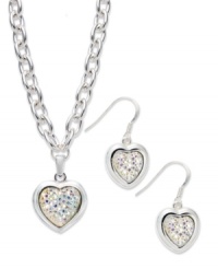 The look of love. Charter Club makes a heartfelt statement with this pendant necklace and drop earrings set. Crafted from silver-tone mixed metal with glistening stones adding luster. Items come packaged in a signature Charter Club box. Approximate length, necklace: 16 inches + 3-inch extender. Approximate drop: 1 inch. Approximate drop, earrings: 1-1/4 inches. The look of love. Charter Club makes a heartfelt statement with this pendant necklace and drop earrings set. Crafted from silver-tone mixed metal with glistening stones adding luster. Items come packaged in a signature Charter Club box. Approximate length, necklace: 16 inches + 3-inch extender. Approximate drop: 1 inch. Approximate drop, earrings: 1-1/4 inches.