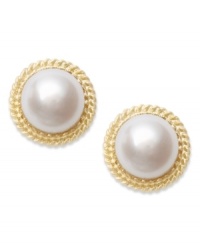 A luxurious delight. A 14k gold rope setting adorns the edges of these beautiful cultured freshwater pearl earrings (9-1/2-10mm). Approximate diameter: 1/2 inch. A luxurious delight. A 14k gold rope setting adorns the edges of these beautiful cultured freshwater pearl earrings (9-1/2-10mm). Approximate diameter: 1/2 inch.