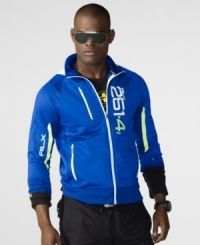 Sporty, lightweight and styled with bold race-inspired details, this modern full-zip jacket hits the track with all the functions needed for high performance. Sporty, lightweight and styled with bold race-inspired details, this modern full-zip jacket hits the track with all the functions needed for high performance.