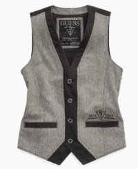 Prep up his look with this versatile tweed vest by Guess. Prep up his look with this versatile tweed vest by Guess.