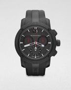 A technical timepiece in brushed and polished black ion-plated stainless steel and sporty rubber. Quartz movementWater resistant to 5 ATMRound black ion-plated stainless steel case, 46mm (1.8)Textured bezelGunmetal-finished chronograph dialBar hour markersDate display at 12 o'clockSecond hand Logo accented rubber strapMade in Switzerland 