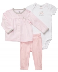 Dress her up with love in this adorable bodysuit, pant and cardigan 3-piece set from Carter's. Dress her up with love in this adorable bodysuit, pant and cardigan 3-piece set from Carter's.