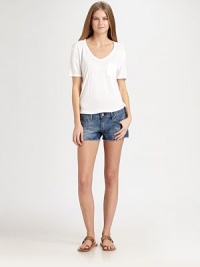 Your favorite denim cut-offs in a classic rinse, lightly whiskered and faded for that lived-in look.THE FITSlim fitRise, about 7Inseam, about 3THE DETAILSZip flyFive-pocket styleSignature stitch back patch pockets70% cotton/28% lyocell/2% polyurethaneMachine washMade in USA of imported fabricModel shown is 5'10 (177cm) wearing US size 4. Your favorite denim cut-offs in a classic rinse, lightly whiskered and faded for that lived-in look.THE FITSlim fitRise, about 7Inseam, about 3THE DETAILSZip flyFive-pocket styleSignature stitch back patch pockets70% cotton/28% lyocell/2% polyurethaneMachine washMade in USA of imported fabricModel shown is 5'10 (177cm) wearing US size 4.