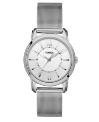Classics last forever. Watch by Timex crafted of silver tone mixed metal mesh bracelet and round case. Silver tone dial features silver tone Roman numerals at twelve and six o'clock, stick indices, minute track, three hands and logo. Quartz movement. Water resistant to 30 meters. One-year limited warranty. Classics last forever. Watch by Timex crafted of silver tone mixed metal mesh bracelet and round case. Silver tone dial features silver tone Roman numerals at twelve and six o'clock, stick indices, minute track, three hands and logo. Quartz movement. Water resistant to 30 meters. One-year limited warranty.