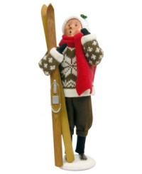 Finished with her run and ready for cocoa, this sweater-clad skier takes a moment to admire the snow-capped mountain she's just conquered. The perfect Byers' Choice figurine for ski- and snowboarding families! Finished with her run and ready for cocoa, this sweater-clad skier takes a moment to admire the snow-capped mountain she's just conquered. The perfect Byers' Choice figurine for ski- and snowboarding families!