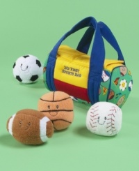 A big bag o' fun. A plush sports tote with Velcro closure, stuffed with soft, smiling balls, each with a distinctive sound. Soccer ball boings! Basketball rattles. Baseball crinkles. Football squeaks. A big bag o' fun. A plush sports tote with Velcro closure, stuffed with soft, smiling balls, each with a distinctive sound. Soccer ball boings! Basketball rattles. Baseball crinkles. Football squeaks.