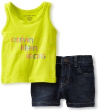 Calvin Klein Baby-girls Infant Top With Denim Short, Green, 18 Months Calvin Klein Baby-girls Infant Top With Denim Short, Green, 18 Months