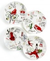 Let the countdown begin. Whimsical Lenox dessert plates with maids-a-milking, turtle doves, a partridge in a pear tree and more charming watercolor motifs illustrate the classic holiday carol, the 12 Days of Christmas.