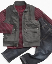 You like your little guy to wear sporty, trendy, and casual attire but he prefers a no fuss to put them on style. This 3 piece versatile set by Calvin Klein includes a field styled vest, a horizontal striped long sleeve shirt, and a pair of everyday jeans to complete the look and keep him comfortable. You like your little guy to wear sporty, trendy, and casual attire but he prefers a no fuss to put them on style. This 3 piece versatile set by Calvin Klein includes a field styled vest, a horizontal striped long sleeve shirt, and a pair of everyday jeans to complete the look and keep him comfortable.