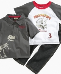 He'll be ready for any kind of exploring with this adventurous 3-piece t-shirt, polo shirt and jean set from Nannette. He'll be ready for any kind of exploring with this adventurous 3-piece t-shirt, polo shirt and jean set from Nannette.