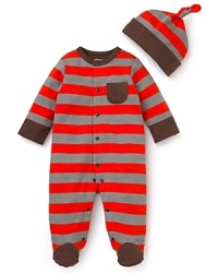 Offspring offers up a classic cuddly look, the soft cotton footie and matching hat, rendered in stripes and contrast trim. Offspring offers up a classic cuddly look, the soft cotton footie and matching hat, rendered in stripes and contrast trim.