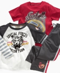 From Nannette: Three pieces of sturdy, sporty activewear that stand up to your little tough guy. Short-sleeved Football Legends T-Shirt; Layered-look, long-sleeved Special Forces Recon Team T-Shirt; Elastic waist, pull-on track pants. From Nannette: Three pieces of sturdy, sporty activewear that stand up to your little tough guy. Short-sleeved Football Legends T-Shirt; Layered-look, long-sleeved Special Forces Recon Team T-Shirt; Elastic waist, pull-on track pants.