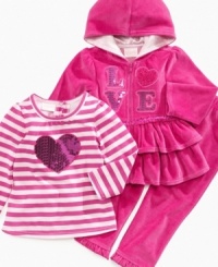 Show off her big heart in this sparkly shirt, hoodie and pant set from Nannette.
