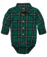 Cute in soft cotton flannel, this Osh Kosh bodysuit is made to mix and match with a variety of bottoms. Cute in soft cotton flannel, this Osh Kosh bodysuit is made to mix and match with a variety of bottoms.