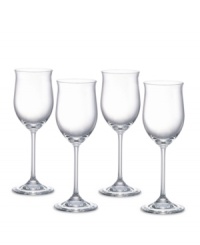 These sleek wine glasses have a graceful bell shape, just right for serving chilled chardonnay and crisp Pinot Noir. Set of four. These sleek wine glasses have a graceful bell shape, just right for serving chilled chardonnay and crisp Pinot Noir. Set of four.