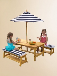 Little ones will love picnics and playtime under the shade in this weather-resistant wood table set with a striped canvas umbrella and soft striped cushions. Sturdy construction and a weather-resistant finish ensures the fun will last season after season.Bench table2 matching benches with storageStriped canvas umbrella & 2 matching cushionsTable: 42L X 22.64W X 18.98HBench: 35.83L X 11.34W X 10.43H44 lbsConstructed from canvas, Sanmu wood & foamImported Little ones will love picnics and playtime under the shade in this weather-resistant wood table set with a striped canvas umbrella and soft striped cushions. Sturdy construction and a weather-resistant finish ensures the fun will last season after season.Bench table2 matching benches with storageStriped canvas umbrella & 2 matching cushionsTable: 42L X 22.64W X 18.98HBench: 35.83L X 11.34W X 10.43H44 lbsConstructed from canvas, Sanmu wood & foamImported