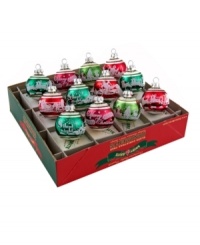 This set of mini flocked ornaments by Christopher Radko is filled with classic Christmas elegance. Each Shiny Brite ball features a unique frosty scene, from skiing snowmen to Santa's sleigh, in shades of green and red. This set of mini flocked ornaments by Christopher Radko is filled with classic Christmas elegance. Each Shiny Brite ball features a unique frosty scene, from skiing snowmen to Santa's sleigh, in shades of green and red.