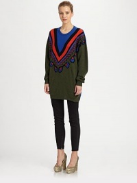 A colorful, exaggerated Fair Isle-inpired pattern decorates this finespun wool design.Rib-knit crewneck, cuffs, and hemLong sleevesWoolDry cleanMade in Italy of imported fabricModel shown is 5'9½ (176cm) wearing US size 4. A colorful, exaggerated Fair Isle-inpired pattern decorates this finespun wool design.Rib-knit crewneck, cuffs, and hemLong sleevesWoolDry cleanMade in Italy of imported fabricModel shown is 5'9½ (176cm) wearing US size 4.