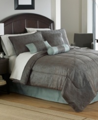 Dress the bed in contemporary elegance with this Congo comforter set. A wavy line design lends an artistic feel to this modern look while three decorative pillows and bedskirt draw in a muted turquoise hue for a dash of color. Dress the bed in contemporary elegance with this Congo comforter set. A wavy line design lends an artistic feel to this modern look while three decorative pillows and bedskirt draw in a muted turquoise hue for a dash of color.