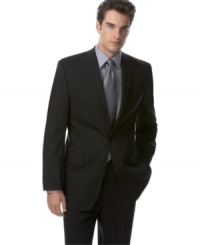Clean lines and expert tailoring combine to make this sharp Calvin Klein jacket a great choice for any guy's tailored wardrobe. Clean lines and expert tailoring combine to make this sharp Calvin Klein jacket a great choice for any guy's tailored wardrobe.