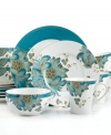Jacobean florals tinged with blue and gold adorn the versatile Eliza Teal dinnerware set by 222 Fifth. Everyday porcelain makes a smart go-to for casual tables in classic settings.