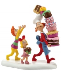 The Whoville baker has a following – Cindy Lou-Who and another Who trail close behind as he delivers colorful cakes and pie to the banquet hall, part of Grinch Village. By Department 56. The Whoville baker has a following – Cindy Lou-Who and another Who trail close behind as he delivers colorful cakes and pie to the banquet hall, part of Grinch Village. By Department 56.