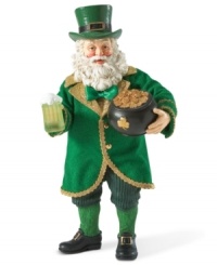 Santa is going green! Dressed in a Celtic-inspired outfit and carrying a pot of gold, this Santa figurine makes a unique statement among your holiday decorations. Santa is going green! Dressed in a Celtic-inspired outfit and carrying a pot of gold, this Santa figurine makes a unique statement among your holiday decorations.