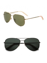 A sporty aviator design with double-bridge detail and injected silicone temple tips. Available in gold frames with mineral glass green lenses and chrome frames with mineral glass grey lenses. Metal frames 100% UV protective Imported A sporty aviator design with double-bridge detail and injected silicone temple tips. Available in gold frames with mineral glass green lenses and chrome frames with mineral glass grey lenses. Metal frames 100% UV protective Imported