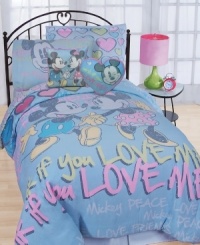 I heart Mickey! The Mickey Mouse and Minnie Mouse sheet set is all about love with a heart print and coordinating Disney graphics that match the comforter set. (Clearance) I heart Mickey! The Mickey Mouse and Minnie Mouse sheet set is all about love with a heart print and coordinating Disney graphics that match the comforter set. (Clearance)