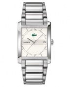 Build your image with this classic Lacoste watch. Stainless steel bracelet and rectangular case. White dial with logo, silvertone stick indices and date window. Quartz movement. Water resistant to 30 meters. Two-year limited warranty.