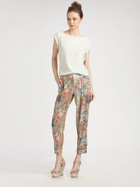 Classic trousers get a touch of feminine chic in printed silk with a hint of stretch.Wide waistband with belt loopsFront zip with hook-and-bar closureInverted pleatsSide slash pocketsBack slash pocketsCuffed legsRise, about 10Inseam, about 2995% silk/5% spandexDry cleanImportedModel shown is 5'10 (177cm) wearing US size 4. Classic trousers get a touch of feminine chic in printed silk with a hint of stretch.Wide waistband with belt loopsFront zip with hook-and-bar closureInverted pleatsSide slash pocketsBack slash pocketsCuffed legsRise, about 10Inseam, about 2995% silk/5% spandexDry cleanImportedModel shown is 5'10 (177cm) wearing US size 4.