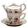 Gracie China 4-Piece Porcelain Tea for One, Stacked Teapot Cup Saucer, Red Rose