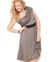 Snag on-trend style in Soprano's one-shoulder plus size size dress, accentuated by an empire waist-- it's super-cute for the season! (Clearance)