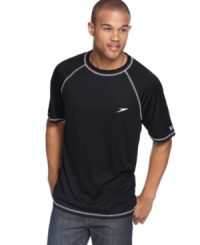 Get protected. Make sure you can have as much fun in the sun as possible with this comfortable rashguard t-shirt from Speedo featuring UV Block the Burn. Get protected. Make sure you can have as much fun in the sun as possible with this comfortable rashguard t-shirt from Speedo featuring UV Block the Burn.