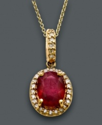 Fit for a queen. This royalty-inspired pendant by Effy Collection features a bold oval-cut ruby (1-3/8 ct. t.w.) surrounded by sparkling pave-set diamond (1/6 ct. t.w.). Crafted in 14k gold. Approximate length: 18 inches. Approximate drop: 3/4 inch. Fit for a queen. This royalty-inspired pendant by Effy Collection features a bold oval-cut ruby (1-3/8 ct. t.w.) surrounded by sparkling pave-set diamond (1/6 ct. t.w.). Crafted in 14k gold. Approximate length: 18 inches. Approximate drop: 3/4 inch.