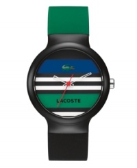 Prep school chic from Lacoste. Unisex Goa watch crafted of green and black silicone strap and round black plastic case. Multi-color stripe dial features iconic crocodile logo at twelve o'clock, black text logo at six o'clock, white cut-out hour and minute hand and red second hand. Quartz movement. Water resistant to 30 meters. Two-year limited warranty. Prep school chic from Lacoste. Unisex Goa watch crafted of green and black silicone strap and round black plastic case. Multi-color stripe dial features iconic crocodile logo at twelve o'clock, black text logo at six o'clock, white cut-out hour and minute hand and red second hand. Quartz movement. Water resistant to 30 meters. Two-year limited warranty.