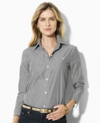A sleek striped pattern lends graphic elegance to the Priya shirt, tailored with chic three-quarter sleeves in crisp cotton broadcloth for classic style. A sleek striped pattern lends graphic elegance to the Priya shirt, tailored with chic three-quarter sleeves in crisp cotton broadcloth for classic style.