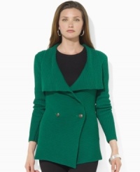 Knit of soft cotton yarns, Lauren by Ralph Lauren's chic cardigan is crafted with a wide draped neckline for dramatic styling. (Clearance) Knit of soft cotton yarns, Lauren by Ralph Lauren's chic cardigan is crafted with a wide draped neckline for dramatic styling. (Clearance)