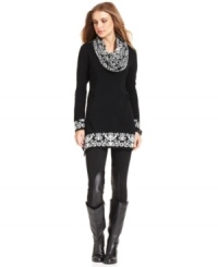 A scarf and a hood-a snood! This sweater from Style&co. features a removable snood and contrast-color patterns for fashion and function. A scarf and a hood-a snood! This sweater from Style&co. features a removable snood and contrast-color patterns for fashion and function.