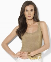 Crafted with a hint of stretch for a body-conscious fit, Lauren by Ralph Lauren's classic petite scoop-neck tank transforms into an eye-catching essential with allover glittering metallic threads. Crafted with a hint of stretch for a body-conscious fit, Lauren by Ralph Lauren's classic petite scoop-neck tank transforms into an eye-catching essential with allover glittering metallic threads.