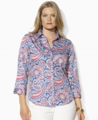A vibrant paisley pattern lends a colorful, modern update to Lauren by Ralph Lauren's classic shirt, tailored for a smooth hand in crisp cotton broadcloth. A vibrant paisley pattern lends a colorful, modern update to Lauren by Ralph Lauren's classic shirt, tailored for a smooth hand in crisp cotton broadcloth.