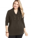 Salute the cold weather season with Debbie Morgan's shawl collar plus size sweater, featuring military styling.