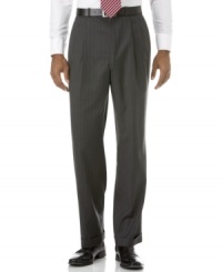 Stand for tradition. Classic double-pleat pant has a handsome drape and timeless style that looks great on its own or paired with the two-button blazer for an elegant suit. Engineered Waistband: Stretches one inch on each side. On-seam pockets. Button-through back pockets. Finished with a 1.5 cuff. Stand for tradition. Classic double-pleat pant has a handsome drape and timeless style that looks great on its own or paired with the two-button blazer for an elegant suit. Engineered Waistband: Stretches one inch on each side. On-seam pockets. Button-through back pockets. Finished with a 1.5 cuff.