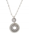 Channel your inner bohemian diva. This hippie-chic pendant by Jessica Simpson features two intricate discs suspended from a delicate beaded chain. Crafted in worn silver tone mixed metal. Approximate length: 18 inches. Approximate drop: 1-1/2 inches.