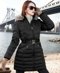Buckle up for style with a belted puffer coat from DKNY. Princess seams, faux fur trim and sleek quilting create a chic, tailored look. Buckle up for style with a belted puffer coat from DKNY. Princess seams, faux fur trim and sleek quilting create a chic, tailored look.