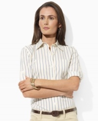 Constructed in smooth lightweight cotton, Lauren Jeans Co.'s shirt effortlessly channels the carefree spirit of warm-weather days with optional rolled cuffs for versatile style. Constructed in smooth lightweight cotton, Lauren Jeans Co.'s shirt effortlessly channels the carefree spirit of warm-weather days with optional rolled cuffs for versatile style.