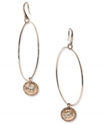 Let your look shine! These hoop earrings from Michael Kors flaunt a circular pendant with a cubic zirconia stone. Crafted in rose-gold tone mixed metal. Approximate drop: 2-1/2 inches. Let your look shine! These hoop earrings from Michael Kors flaunt a circular pendant with a cubic zirconia stone. Crafted in rose-gold tone mixed metal. Approximate drop: 2-1/2 inches.