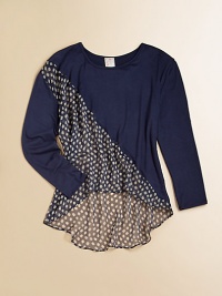 A not-so-basic, long-sleeved top gets a touch of trendy with hi-lo hem and polka dot chiffon panel.Round necklineLong sleevesPullover styleHigh-low hemRayon/spandex/polyesterHand washMade in the USA of imported fabric A not-so-basic, long-sleeved top gets a touch of trendy with hi-lo hem and polka dot chiffon panel.Round necklineLong sleevesPullover styleHigh-low hemRayon/spandex/polyesterHand washMade in the USA of imported fabric