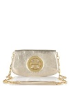 Add a glamorous finishing touch to your look with this luxe metallic leather clutch from Tory Burch.